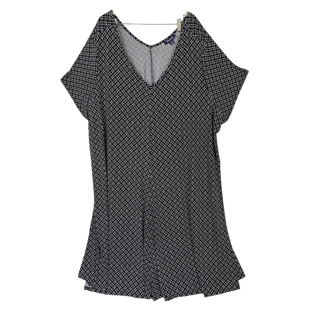 Roamans Midi Dress 6X 42/44 Black Geometric V Neck Trapeze Swing Slinky Knit
